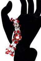 Beaded macrame bracelet, adjustable clasp, Red and white gloxinia macrame bracelet