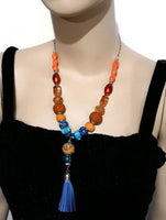 Blue leather tassel, statement beaded necklace, handmade necklace, boho chic style, The orange peacock necklace.