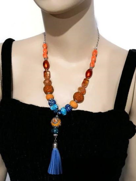 Blue leather tassel, statement beaded necklace, handmade necklace, boh ...