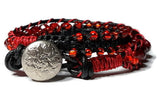 Leather  double wrap beaded macrame bracelet, handmade, The red tulip bracelet
