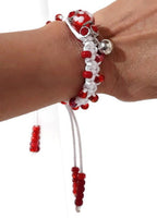 Beaded macrame bracelet, adjustable clasp, Red and white gloxinia macrame bracelet