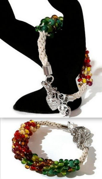 Beaded kumihimo bracelet, The beaded heart bracelet, glass beads, boho chic style
