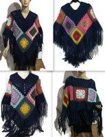 THE BLUE ATLANTIC ALPACA PONCHO, crochet poncho, granny's squares, blue alpaca yarn, hippie poncho, Andrea designs handmade ponchos