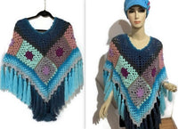 NOT YOUR GRANNY'S PONCHO, granny squares, crochet poncho, blue acrylic yarn, Andrea designs handmade ponchos