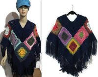 THE BLUE ATLANTIC ALPACA PONCHO, crochet poncho, granny's squares, blue alpaca yarn, hippie poncho, Andrea designs handmade ponchos