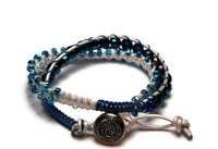 Beaded wrap macrame bracelet, double leather wrap, Royal blue petunia bracelet