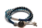 Beaded wrap macrame bracelet, double leather wrap, Royal blue petunia bracelet