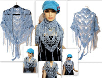 Handmade cotton wrap, light blue cotton yarn, triangular shawl, The Spring shawl,