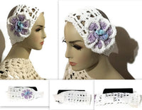 Crochet headband, white cotton yarn, headband with purple crochet flower, The purple flower headband, handmade