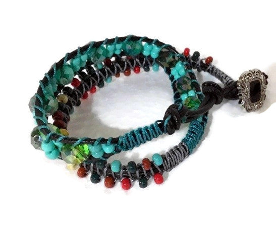 Green,  beaded double wrap,  leather macrame bracelet, The Leather Green Mosaic bracelet, handmade bracelet