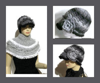 Gray, black, crochet hat, THE BLACK AND GRAY MOCKINGBIRD HAT, handmade beanie with visor brim, woman's size, ready to ship