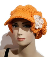 The carrot hat, handmade crochet cotton beanie with cap, woman size,