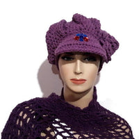 Newsboy crochet hat, purple cotton, woman size, The purple hat