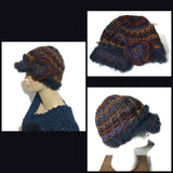Rust gold, brown, purple, blue hat, THE BLUE ANDES CROCHET HAT, handmade beanie with visor brim, acrylic yarn, woman size, ready to ship