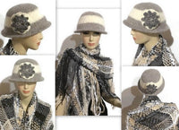 THE BELLA HAT, handmade women's  felted hat, Boho-chic style, light grey and cream hat, ready to ship