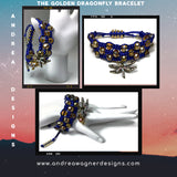 THE GOLDEN DRAGONFLY BRACELET, royal blue nylon cord, macramé wrap, camel  beads color, 6.5 woman's size, adjustable clasp,