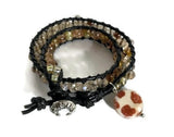 Beaded double wrap bracelet, macrame art, black leather, THE HONEY BEE BRACELET