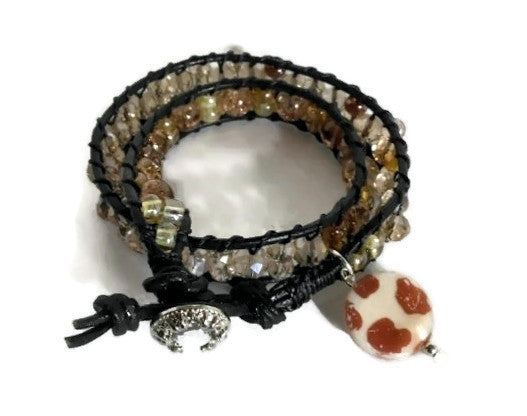 Beaded double wrap bracelet, macrame art, black leather, THE HONEY BEE BRACELET