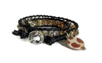 Beaded double wrap bracelet, macrame art, black leather, THE HONEY BEE BRACELET