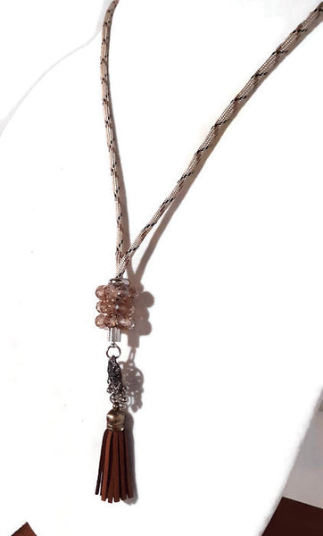 The brown leather tassel necklace, beige camouflage paracord, boho chic necklace
