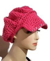Handmade hat with sequins, crochet pink cotton beanie with bill,The hot pink hat