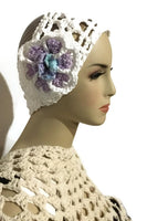 Crochet headband, white cotton yarn, headband with purple crochet flower, The purple flower headband, handmade