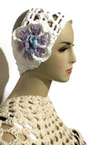 Crochet headband, white cotton yarn, headband with purple crochet flower, The purple flower headband, handmade