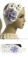Crochet headband, white cotton yarn, headband with purple crochet flower, The purple flower headband, handmade