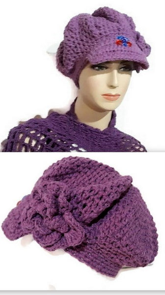 Newsboy crochet hat, purple cotton, woman size, The purple hat