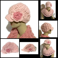 The pink crochet hat, pink alpaca yarn, beanie with bill, newsboy hat, woman size, cold weather, Andrea designs handmade hats,