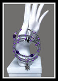 THE SILVER SKULL COIL WRAP DIFFUSER BRACELET, beaded wrap, amethyst stone, purple lava rock, woman's size