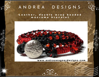 Leather  double wrap beaded macrame bracelet, handmade, The red tulip bracelet